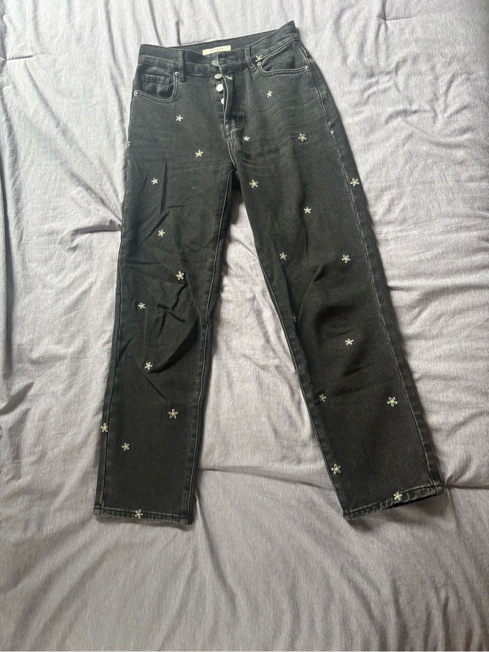 High Rise Straight Black Embroidered Flower Women’s Jeans